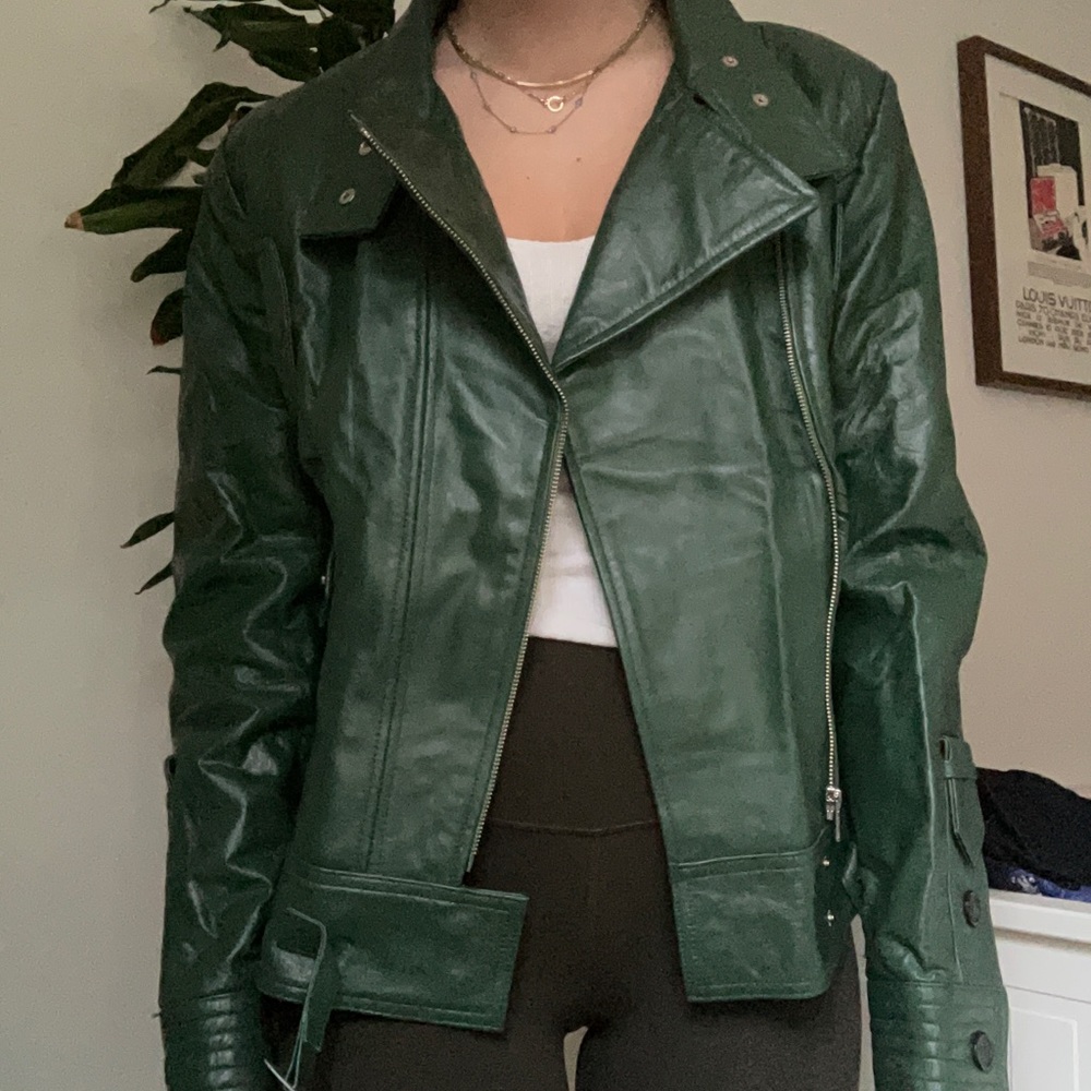 Dark Green Asymmetrical Zip Real Leather Jacket